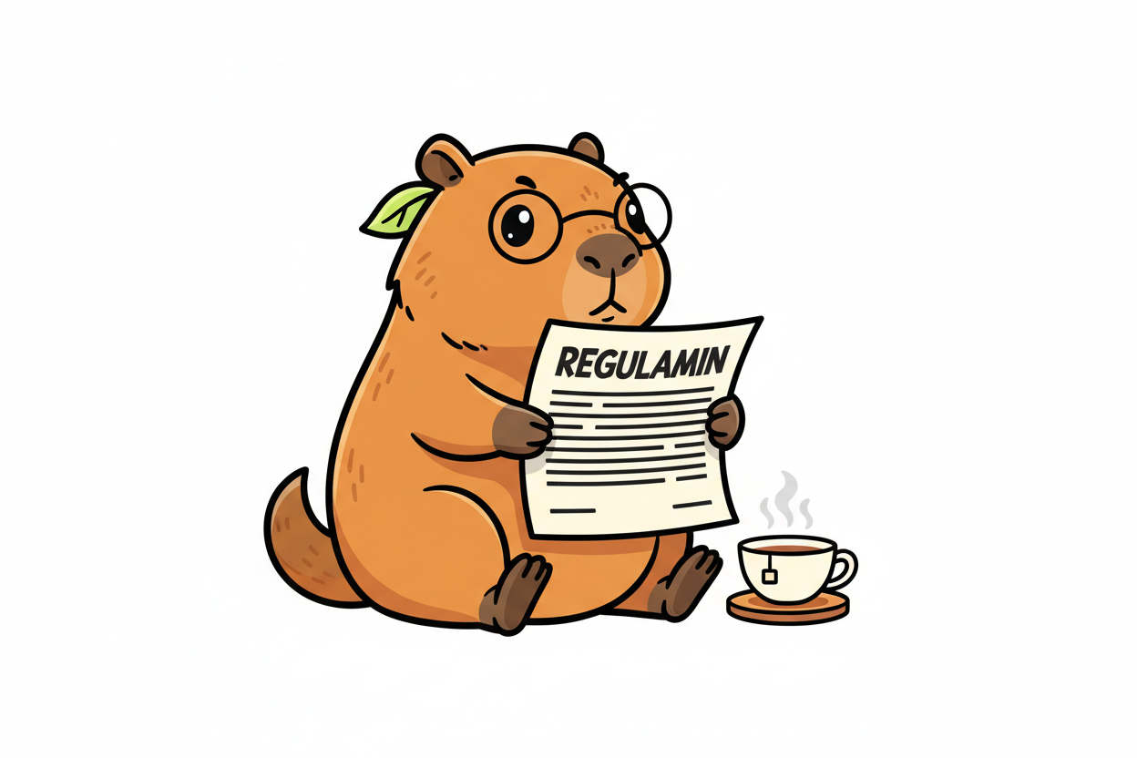 Zrób kapibarę czytającą regulamin na białym tle w stylu kreskówkowym